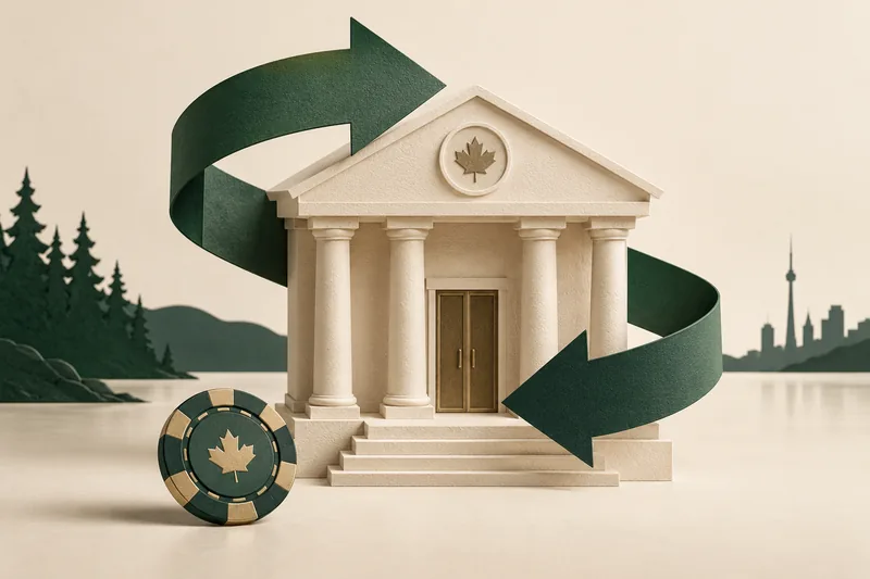 Paper bank building with green transfer arrows and a poker token