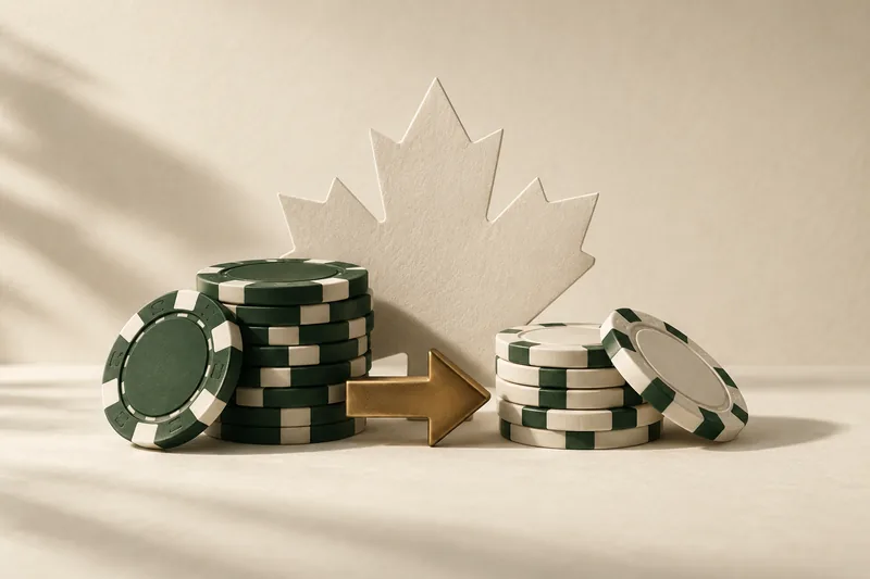 Green and ivory poker chips with a paper maple leaf and transfer arrow