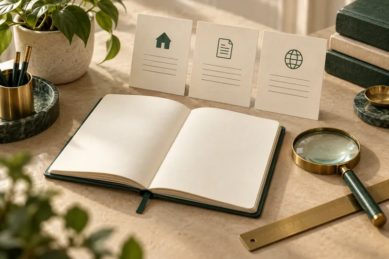Open notebook, source cards and a magnifying lens on a cream tabletop