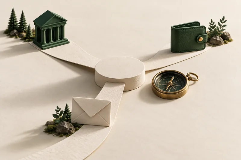 Three paper routes connecting a bank, wallet and envelope to a central platform
