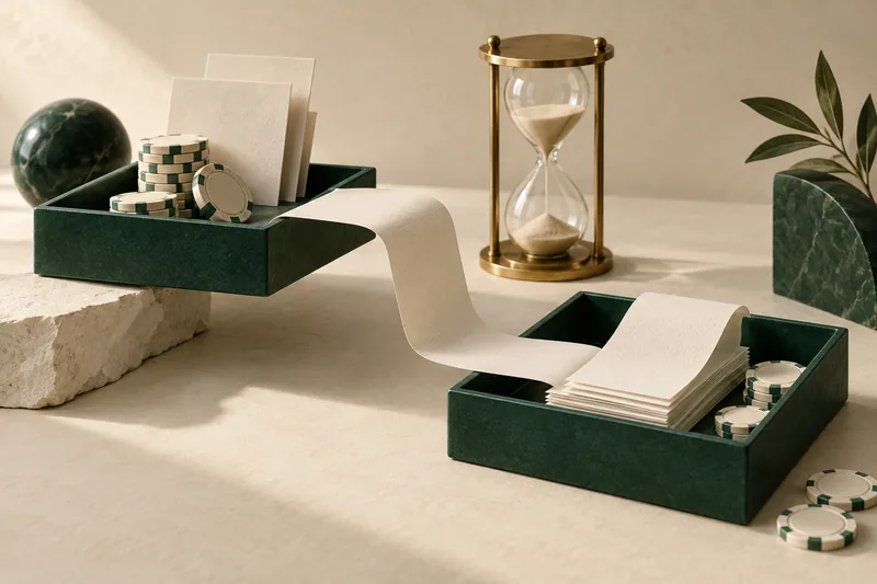 Two green processing trays connected by paper beside a brass hourglass