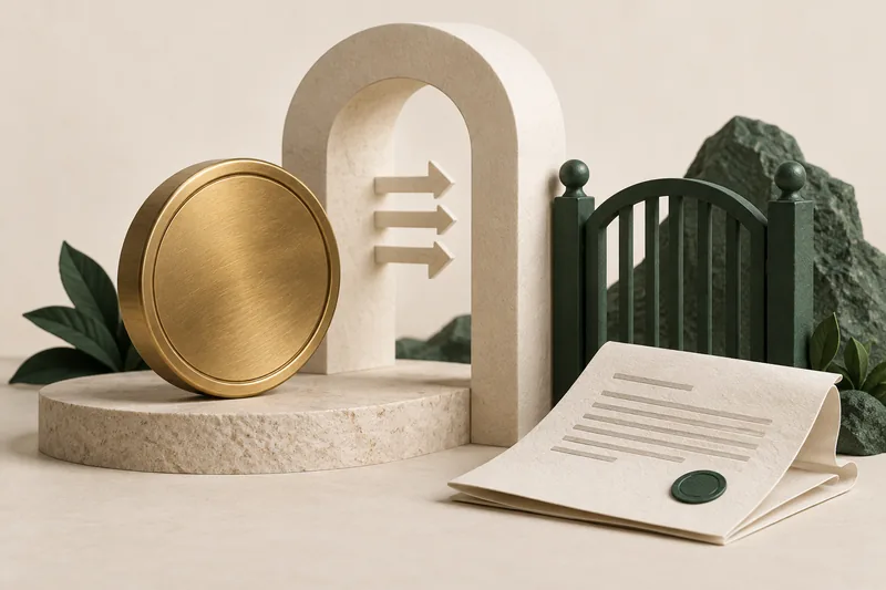 Brass token beside an ivory transfer arch, green gate and folded paper sheet