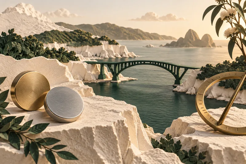 Sculpted coastline and green bridge beside two unmarked tokens and a brass time ring