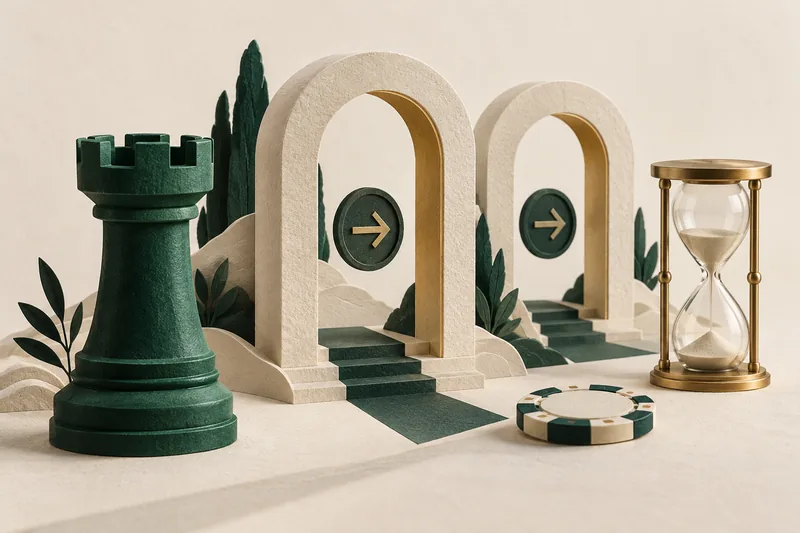 Green rook beside two sequential ivory arches and a brass hourglass