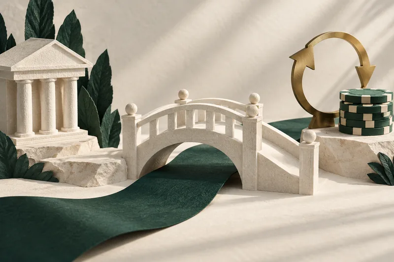 Ivory bridge over a green transfer ribbon beside a circular brass arrow
